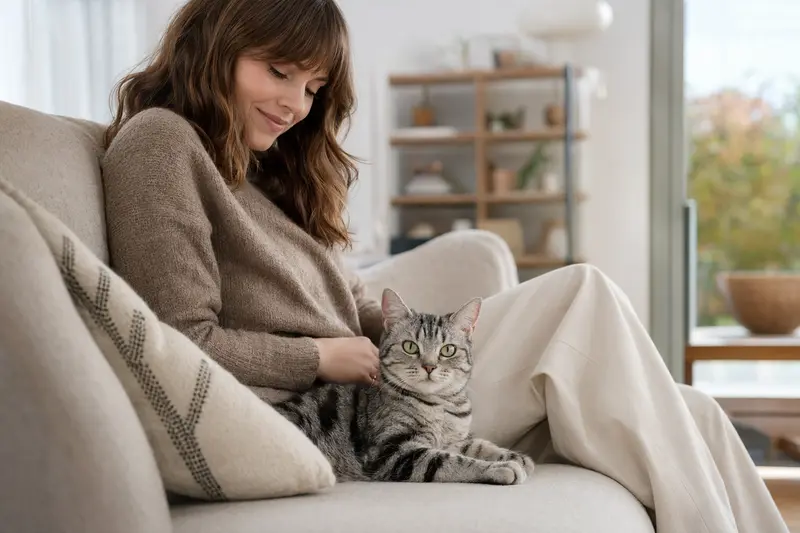 Ein entspannter American Shorthair sitzt neben seinem Besitzer in einer modernen Wohnung und vermittelt eine vertrauensvolle Atmosphäre.
