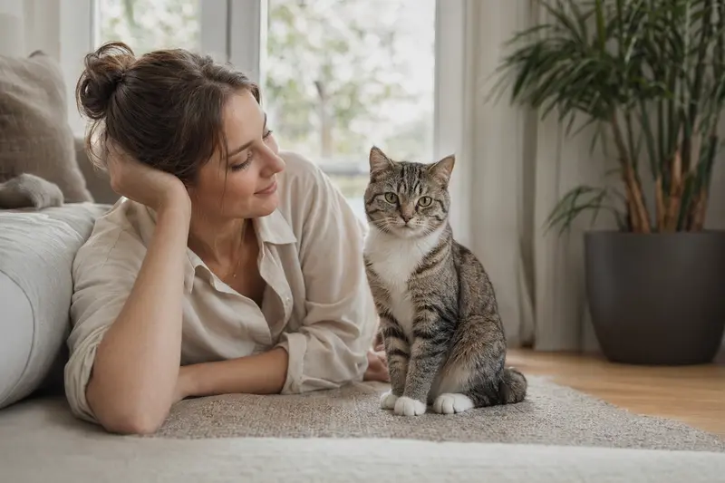 Eine entspannte amerikanische Stummelschwanzkatze sitzt neben ihrem Besitzer in einer hellen, modernen Wohnung und vermittelt ein Gefühl von Vertrauen.