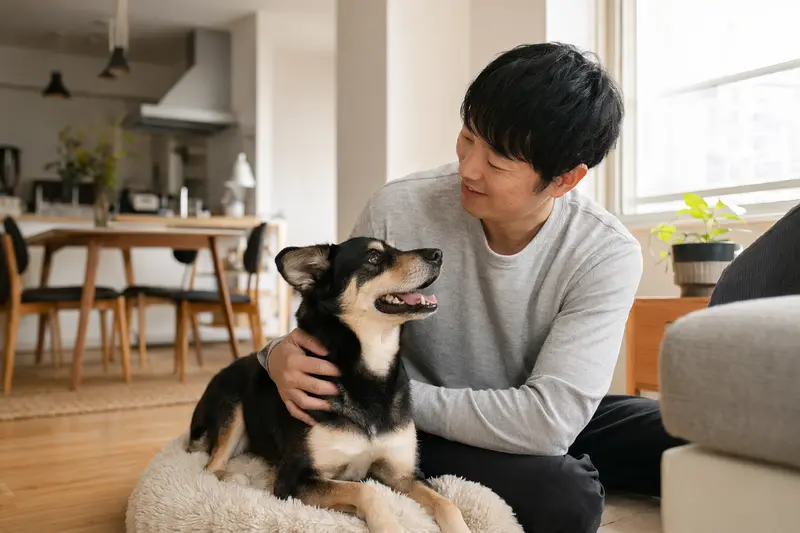 Ein gesunder, freundlicher Asian sitzt entspannt neben seinem Besitzer in einer gut beleuchteten modernen Wohnung.