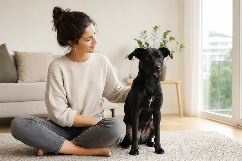 Ein entspannter Bombay-Kater sitzt neben seinem Besitzer in einer modernen Wohnung und genießt die warme Lichtstimmung.