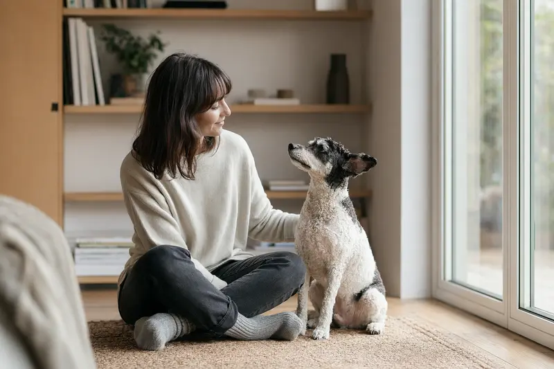 Ein gesunder California Rex sitzt entspannt neben seinem Besitzer in einer modernen Wohnung und strahlt eine vertrauensvolle Atmosphäre aus.