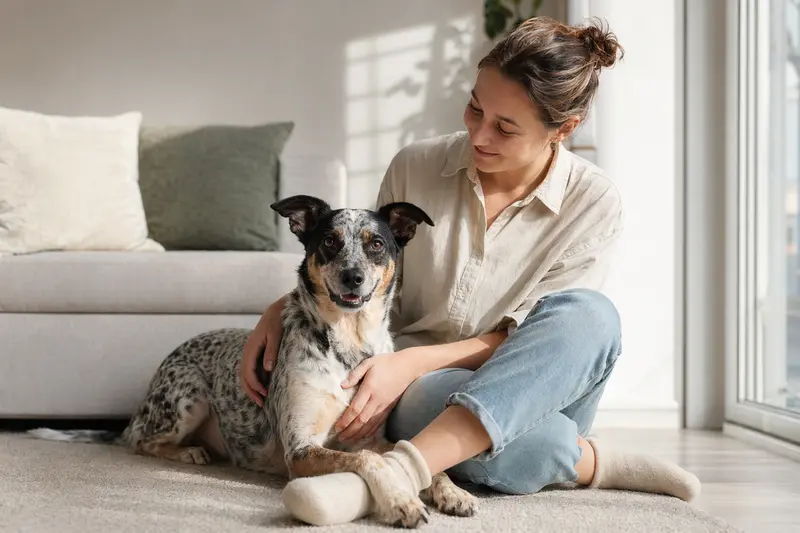 Ein freundlicher California Spangled sitzt entspannt in einer modernen Wohnung neben seinem Besitzer.