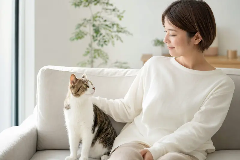 Gesunde Japanische Stummelschwanzkatze entspannt neben ihrem Besitzer in heller Wohnung.