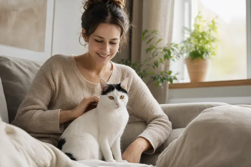 Ein gesunder Japanischer Bobtail sitzt entspannt neben seinem Besitzer in einer modernen Wohnung und strahlt Vertrauen aus.