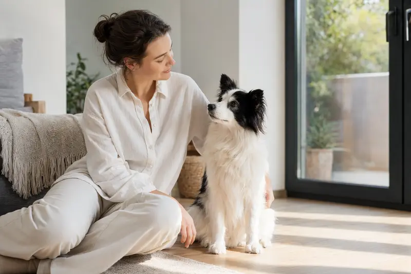 Ein gesunder Japanischer Bobtail Langhaar sitzt entspannt neben seinem Besitzer in einer modernen Wohnung und vermittelt eine vertrauensvolle Atmosphäre.