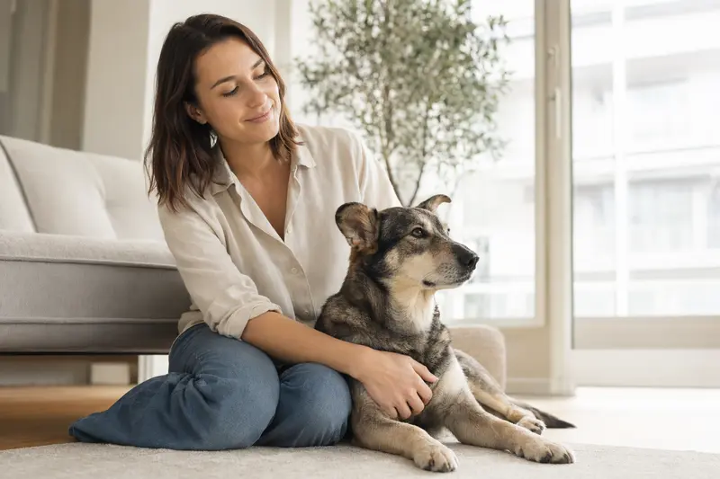 Ein gesunder, freundlicher Korat sitzt entspannt neben seinem Besitzer in einer modernen Wohnung, umgeben von warmem Licht.