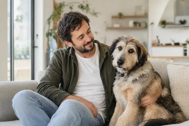 Gesunder Kyi-Leo sitzt entspannt neben seinem Besitzer in einer modernen Wohnung und vermittelt Vertrauen.