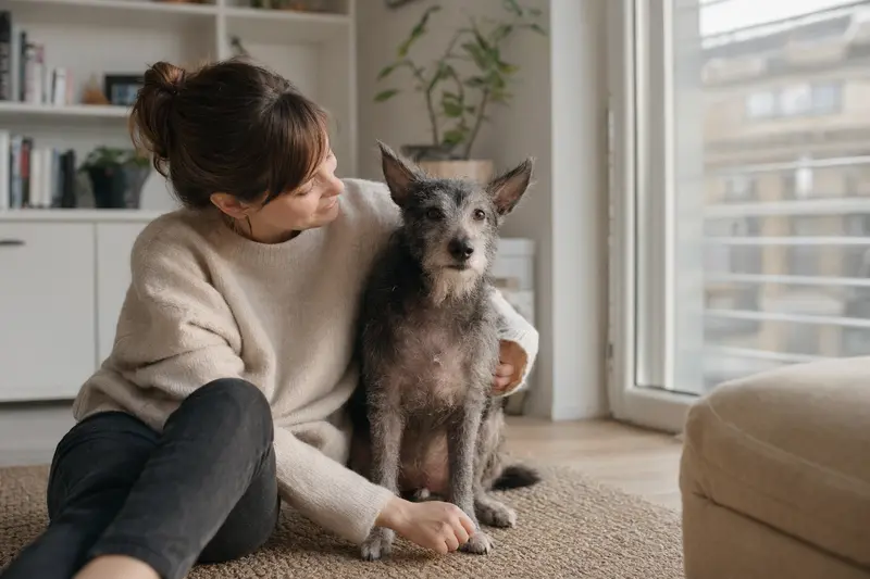 Ein gesunder Lykoi sitzt entspannt mit seinem Besitzer in einer modernen Wohnung und strahlt Vertrauen und Ruhe aus.