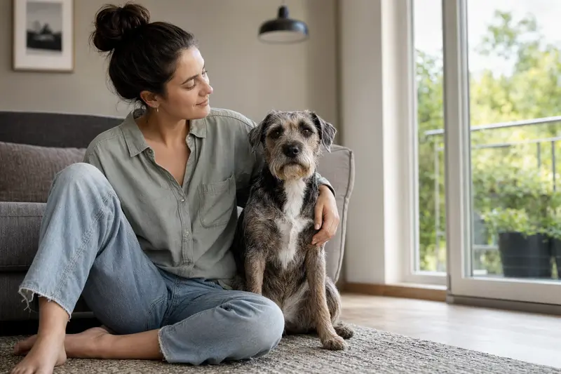 Ein gesunder Manx sitzt entspannt neben seinem Besitzer in einer modernen Wohnung und strahlt Vertrauen aus.
