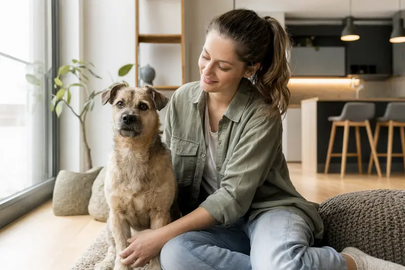 Ein gesunder Minskin-Kater sitzt entspannt neben seinem Besitzer in einer modernen Wohnung und strahlt Wohlbefinden aus.