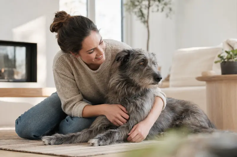 Ein gesunder Nebelung sitzt entspannt neben seinem Besitzer in einer modernen Wohnung und zeigt eine vertrauensvolle Atmosphäre.