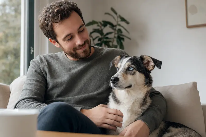 Ein Ojos Azules Hund sitzt entspannt neben seinem Besitzer in einer hellen Wohnung und vermittelt eine vertrauensvolle Atmosphäre.