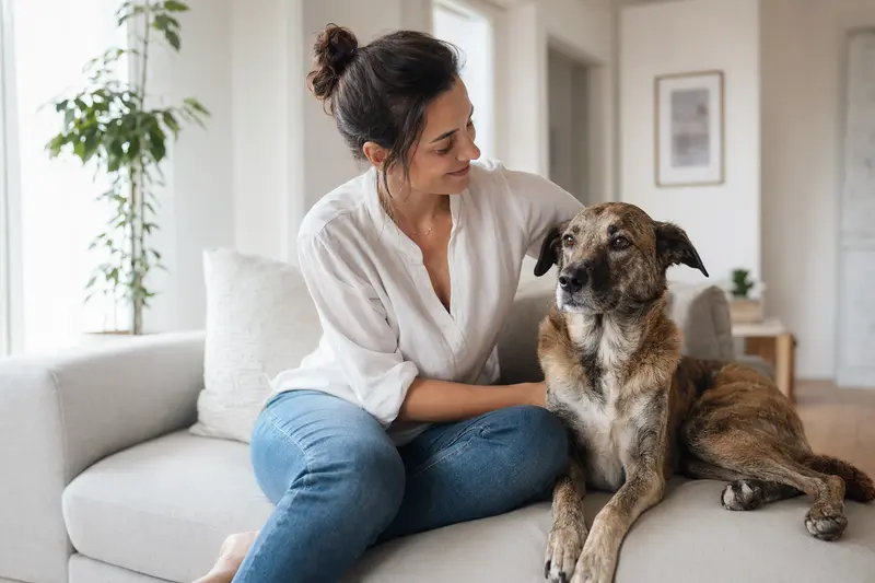 Ein gesunder Hund entspannt neben seinem Besitzer in einer modernen Wohnung mit warmem Licht, symbolisiert Vertrauen und Gesundheit.