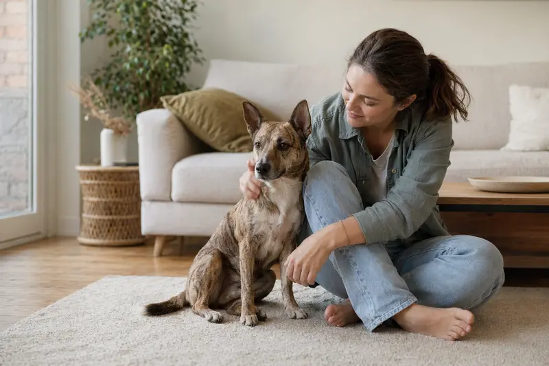 Ein gesunder Sokoke-Hund sitzt entspannt neben seinem Besitzer in einer hellen Wohnung.