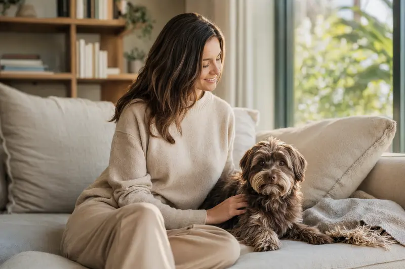 Ein entspannter York Chocolate Hund sitzt neben seinem Besitzer in einer lichtdurchfluteten Wohnung, was eine vertrauensvolle Atmosphäre schafft.