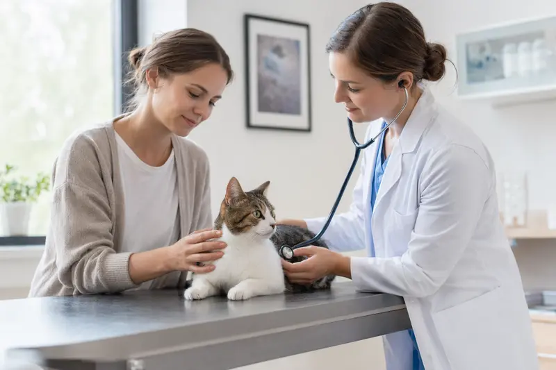 Eine ruhige Japanese Bobtail Katze wird von einer freundlichen Tierärztin mit einem Stethoskop in einer hellen Tierarztpraxis untersucht.