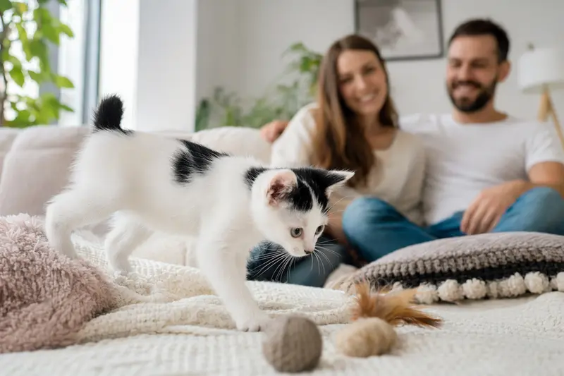 Ein neugieriges Japanese Bobtail Kitten entdeckt seine neue Umgebung in einer freundlichen Wohnung.