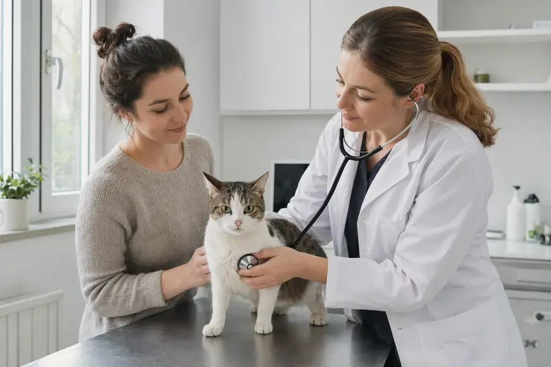 Eine Japanische Stummelschwanzkatze wird behutsam von einer freundlichen Tierärztin mit einem Stethoskop in einer modernen Tierarztpraxis untersucht.