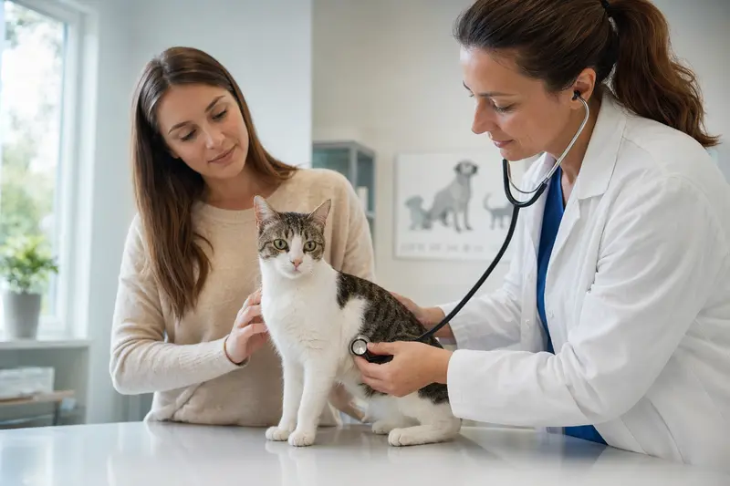 Eine ruhige Japanische Bobtail Kurzhaar Katze wird behutsam von einer freundlichen Tierärztin mit einem Stethoskop untersucht, während der Besitzer beruhigend daneben steht.