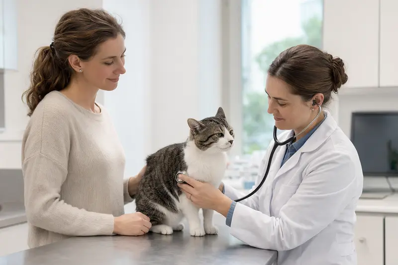 Eine Karelische Bobtail Katze wird behutsam von einer freundlichen Tierärztin untersucht.