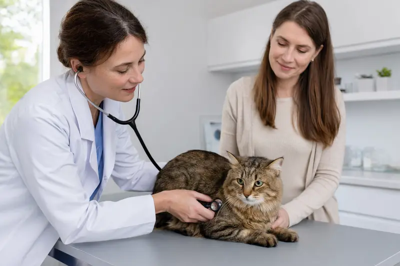 Eine Karelische Stummelschwanzkatze wird behutsam von einer Tierärztin mit einem Stethoskop untersucht, während der Besitzer beruhigend daneben steht.