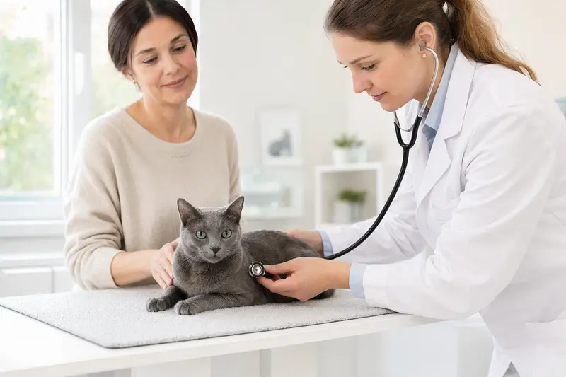 Eine ruhige Korat Katze wird von einer freundlichen Tierärztin mit einem Stethoskop untersucht.