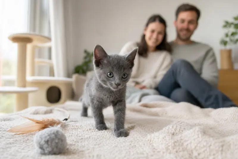Ein neugieriges Korat-Kitten erkundet seine neue Umgebung auf einer weichen Decke, während eine liebevolle Familie im Hintergrund in einer freundlichen Wohnung zu sehen ist.