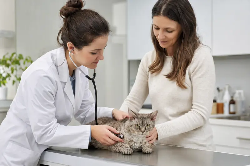 Eine LaPerm Kurzhaar Katze wird von einer freundlichen Tierärztin an einem modernen Untersuchungstisch untersucht.