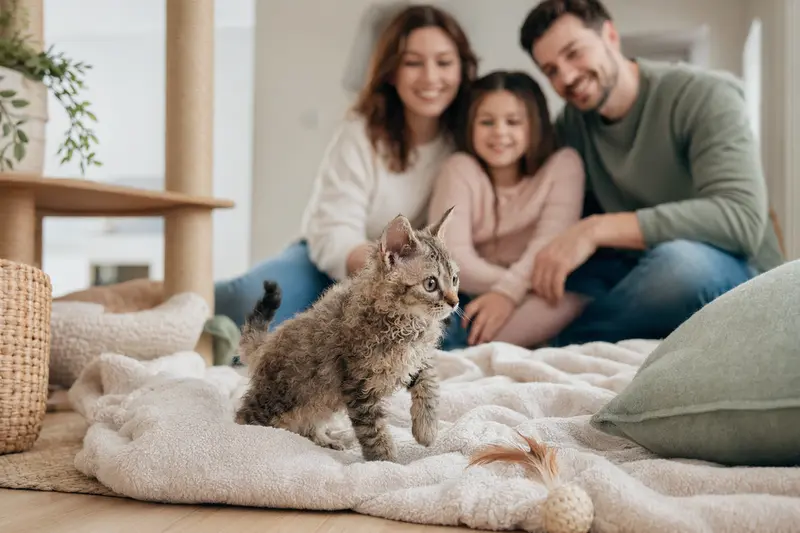 Ein neugieriges LaPerm-Kitten erkundet liebevoll sein neues Zuhause auf einer weichen Decke, während die Familie im Hintergrund spielt.