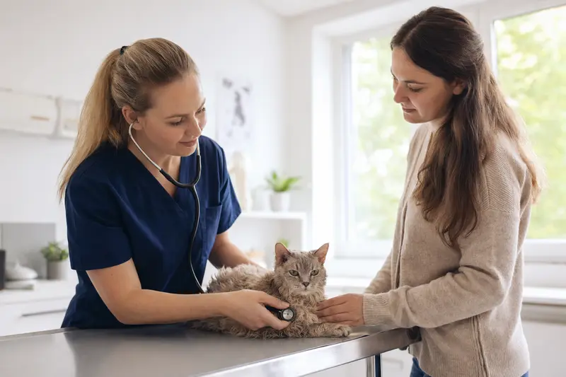 Eine ruhige LaPerm Katze wird von einer Tierärztin auf einem Untersuchungstisch in einer modernen Tierarztpraxis untersucht.