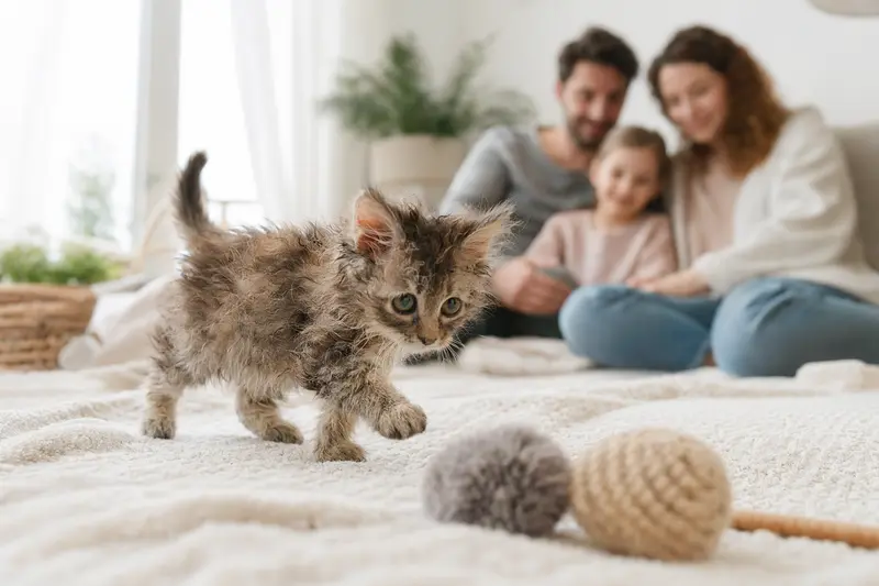 Ein neugieriges LaPerm Kitten erkundet sein neues Zuhause mit einer weichen Decke und Spielzeug.