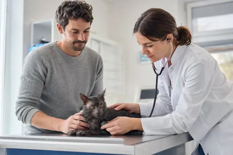 Eine ruhige Lykoi Katze wird von einer freundlichen Tierärztin auf einem Untersuchungstisch in einer modernen Tierarztpraxis untersucht.
