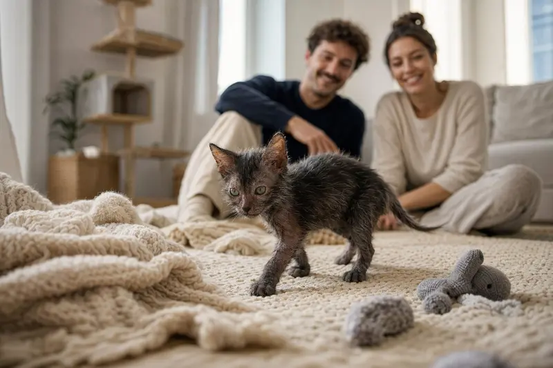 Ein neugieriges Lykoi Katzen Kitten erkundet sein neues Zuhause auf einer weichen Decke.