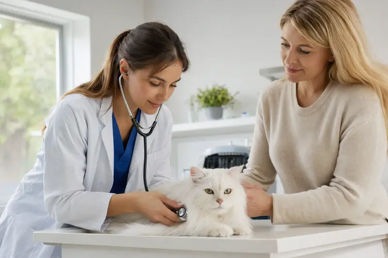 Eine ruhige Malteserkatze wird von einer freundlichen Tierärztin auf einem Untersuchungstisch in einer modernen Tierarztpraxis untersucht.