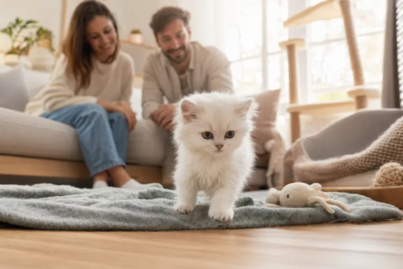 Ein neugieriges Malteserkatzen-Kitten erkundet seine neue, helle Wohnung mit Spielzeug und einer weichen Decke im Hintergrund.