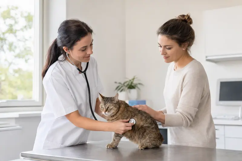 Eine Manx Katze wird von einer freundlichen Tierärztin auf einem Untersuchungstisch in einer modernen Tierarztpraxis untersucht, während der Besitzer beruhigend danebensteht.