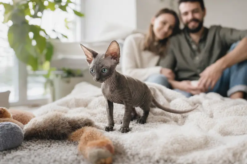 Ein neugieriges Minskin Kätzchen entdeckt sein neues Zuhause mit einer weichen Decke und Spielzeug.