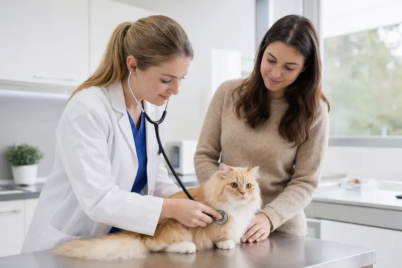 Eine ruhige Langhaarkatze wird liebevoll von einer Tierärztin auf einem Untersuchungstisch untersucht.