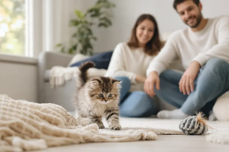Ein neugieriges Munchkin Langhaar Katzen Kitten erkundet seine neue Umgebung mit einer liebevollen Familie im Hintergrund.