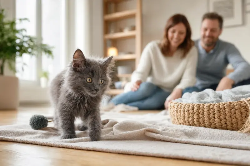 Ein neugieriges Nebelung-Kitten erkundet sein neues Zuhause mit liebevollem Hintergrund.