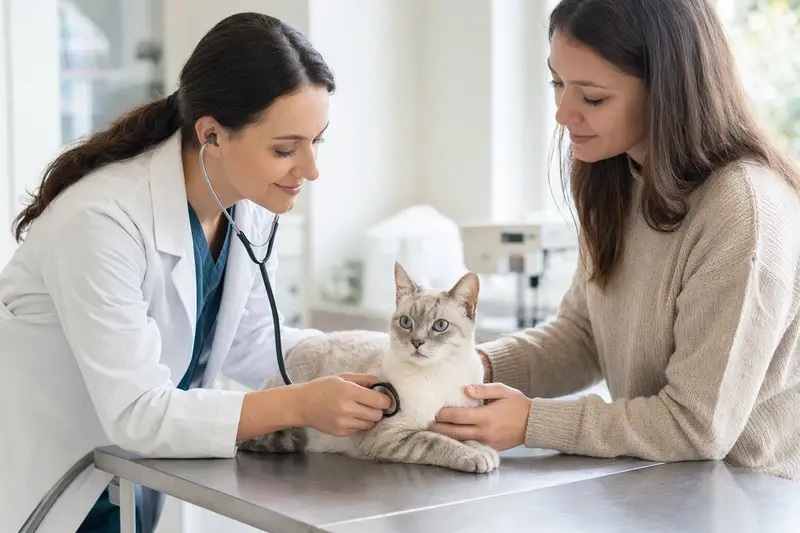 Eine ruhige Ojos Azules Katze wird von einer freundlichen Tierärztin auf einem Untersuchungstisch in einer modernen Tierarztpraxis untersucht.
