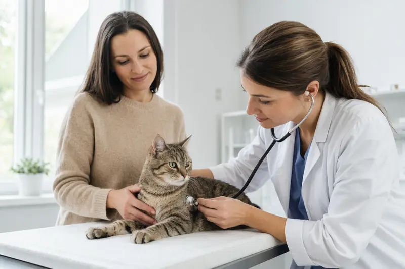Eine ruhige Pixiebob Shorthair Katze wird von einer freundlichen Tierärztin auf einem modernen Untersuchungstisch untersucht.