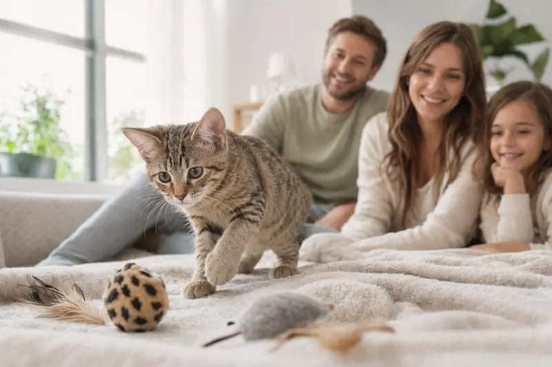 Ein neugieriges Pixiebob Shorthair Katzen Kitten erkundet sein neues Zuhause mit einer weichen Decke und Spielzeug.