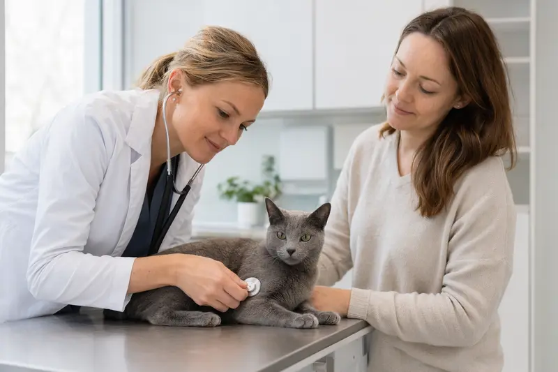 Ruhige Russisch Blau Katze wird behutsam von einer Tierärztin mit einem Stethoskop untersucht, während der Besitzer beruhigend danebensteht.