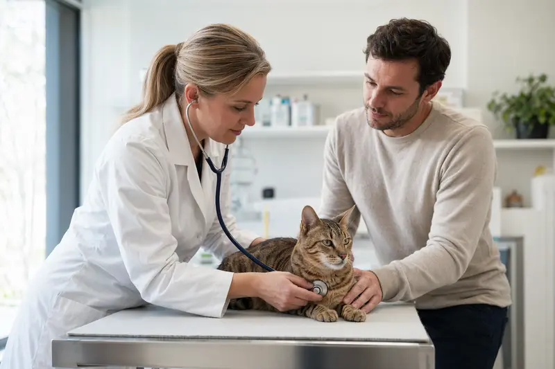 Eine Safari Katze wird von einer freundlichen Tierärztin in einer modernen Praxis untersucht.