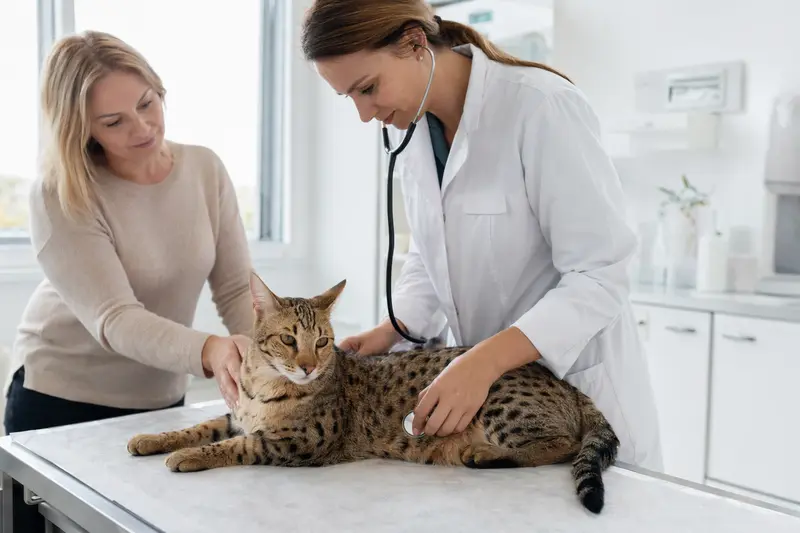 Eine Savannah Katze wird behutsam von einer Tierärztin mit einem Stethoskop untersucht, während der Besitzer beruhigend daneben steht.