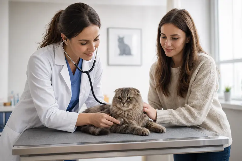 Eine ruhige schottische Faltohr Halblanghaar Katze wird behutsam von einer Tierärztin mit einem Stethoskop untersucht, während der Besitzer daneben steht.