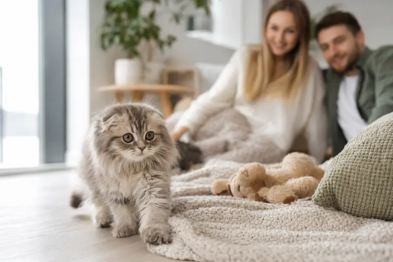 Ein neugieriges Schottische Faltohr Halblanghaar Kitten erkundet sein neues Zuhause auf einer weichen Decke mit Spielzeug.