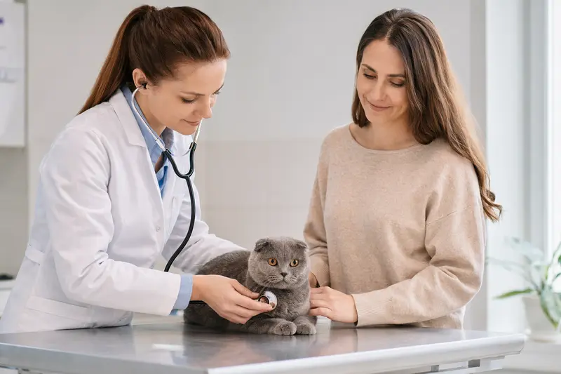Eine ruhige Schottische Faltohr Kurzhaar Katze wird behutsam von einer freundlichen Tierärztin mit einem Stethoskop in einer modernen Tierarztpraxis untersucht.