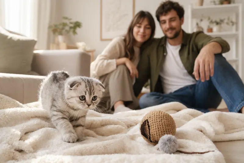Ein neugieriges schottisches Faltöhr-Kitten erkundet sein neues Zuhause mit liebevoller Familie im Hintergrund.